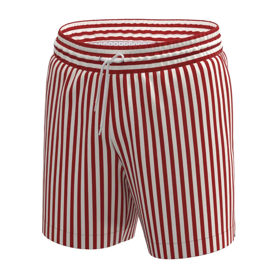 Man’s SET red and white striped anatomical men’s swim shorts with elastic waistband and drawstring, front angle view