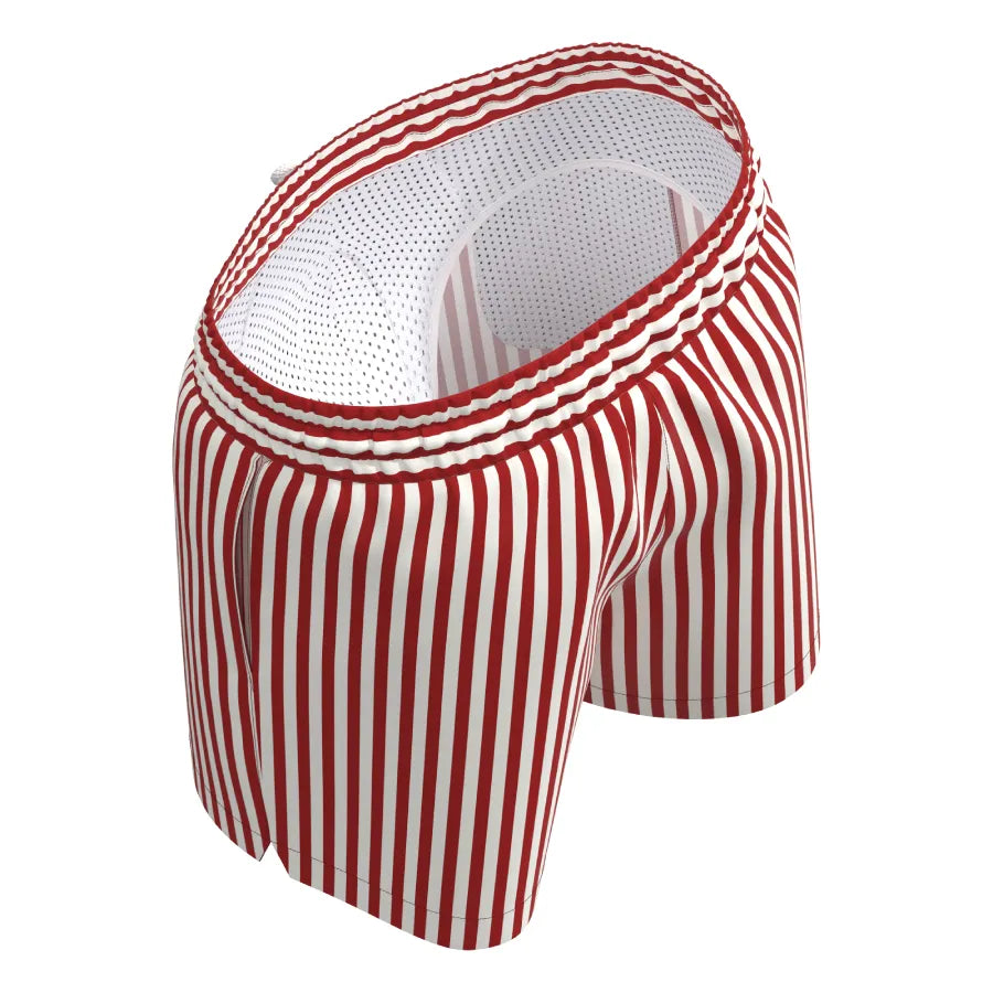 Red striped men’s swim shorts by Man’s SET with anatomical mesh-lined pouch, top-back view