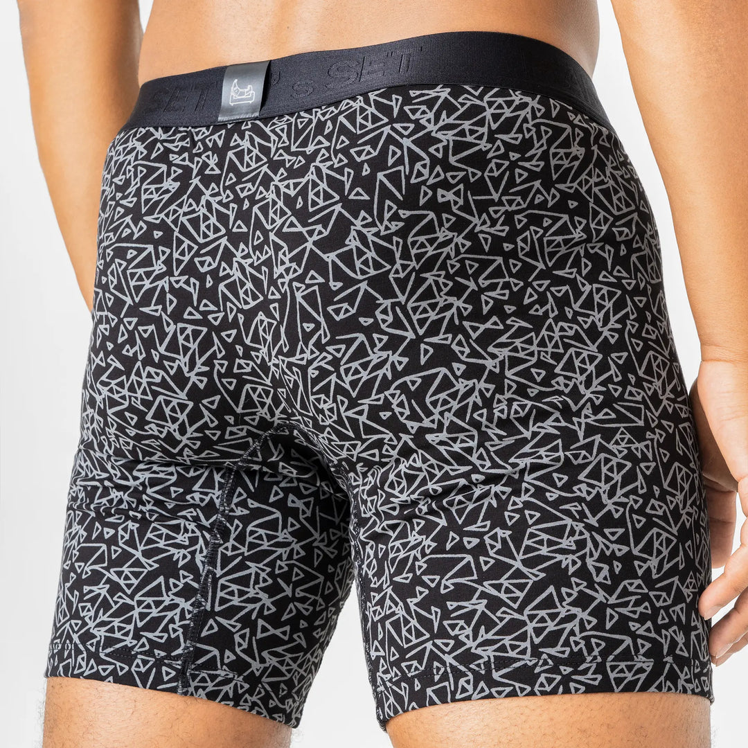 Man’s SET UltraSoft black boxer briefs with geometric Tri-Force pattern, breathable men’s underwear, back view