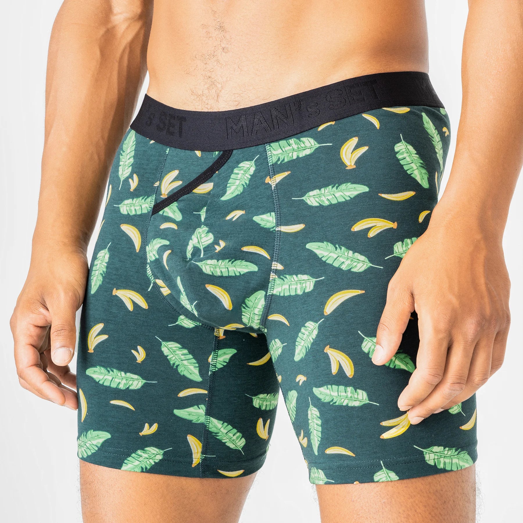 Man’s SET UltraSoft boxer brief with green banana leaf print, anatomical men’s underwear, front close-up view