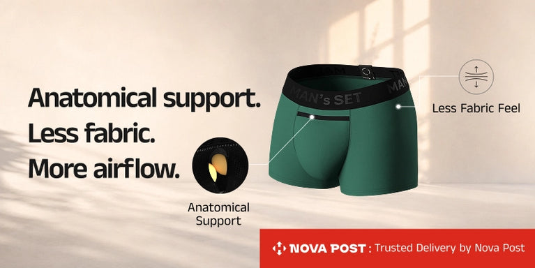 Green men's boxer briefs with a black waistband on a beige background with promotional text and a red Nova Post delivery banner.