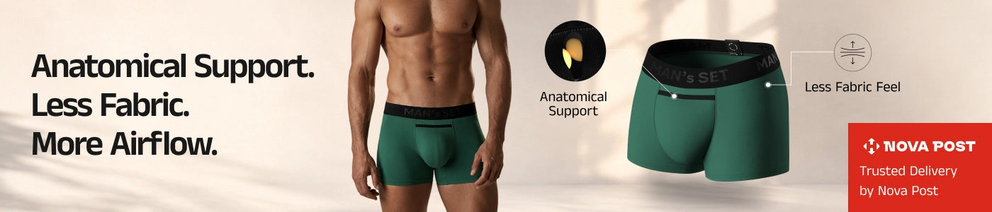 Men's boxer briefs in dark green with a black waistband, shown on a male model and as a product cutout. Text highlights anatomical support, less fabric, and less fabric feel, with a Nova Post logo in the corner.