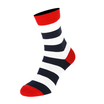 Man’s SET black and white striped men’s socks, classic cotton style with red toe and cuff, side view