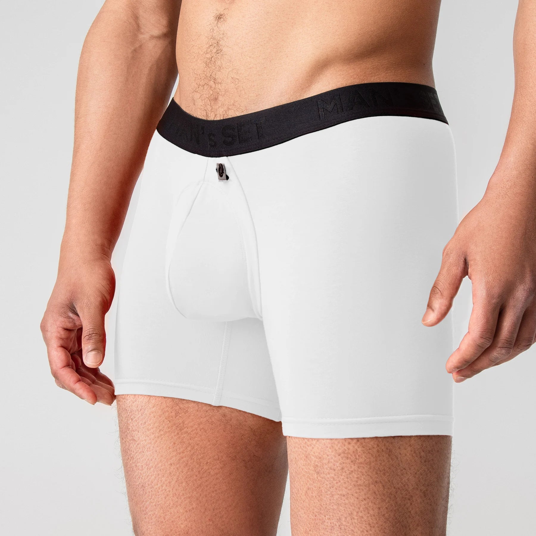 ProActive white 5.8" boxer briefs with adjustable pouch drawstring, anatomical men’s underwear by Man’s SET, front view