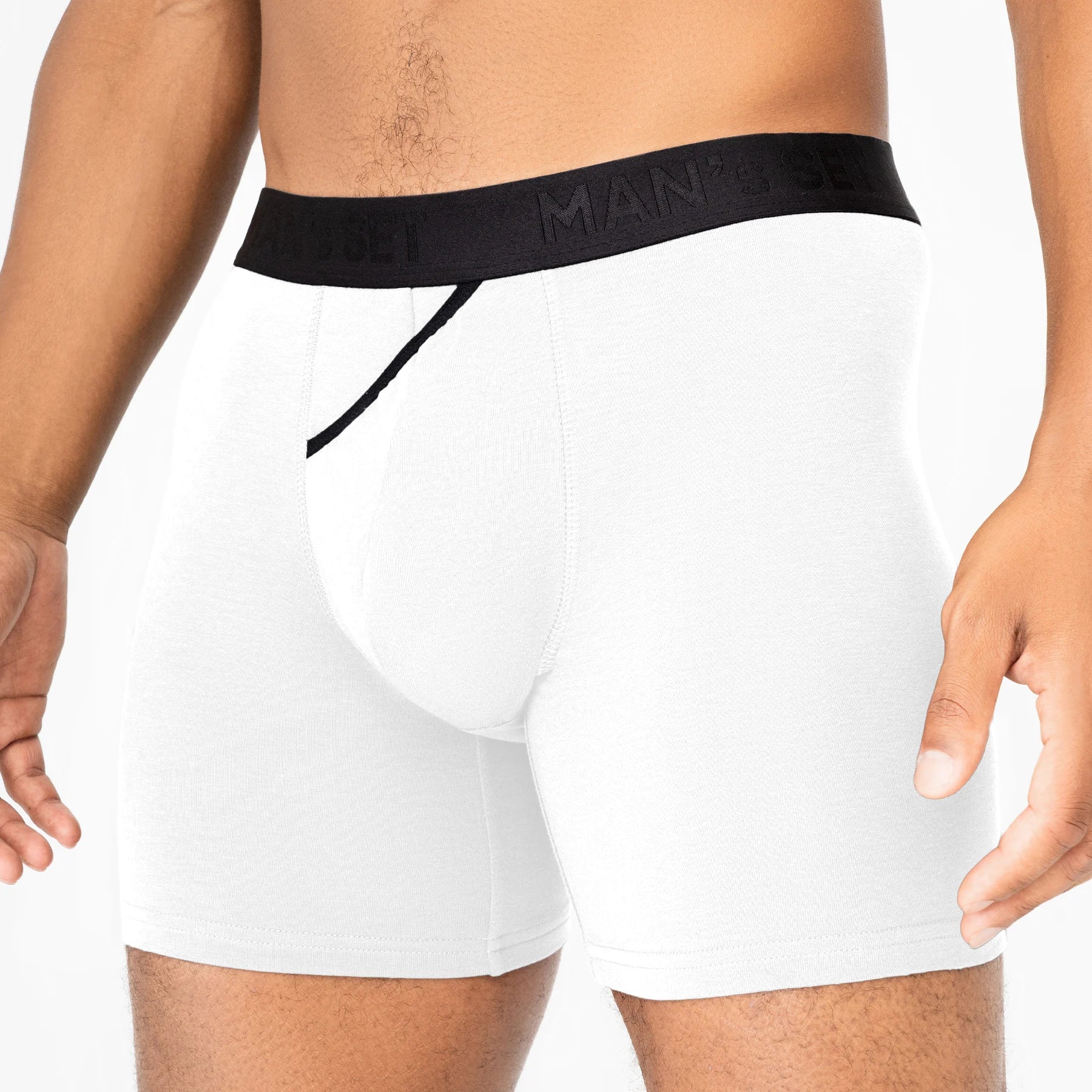 White CoolCore Micromodal boxer briefs by Man’s SET, breathable men’s underwear with open fly, close-up front view