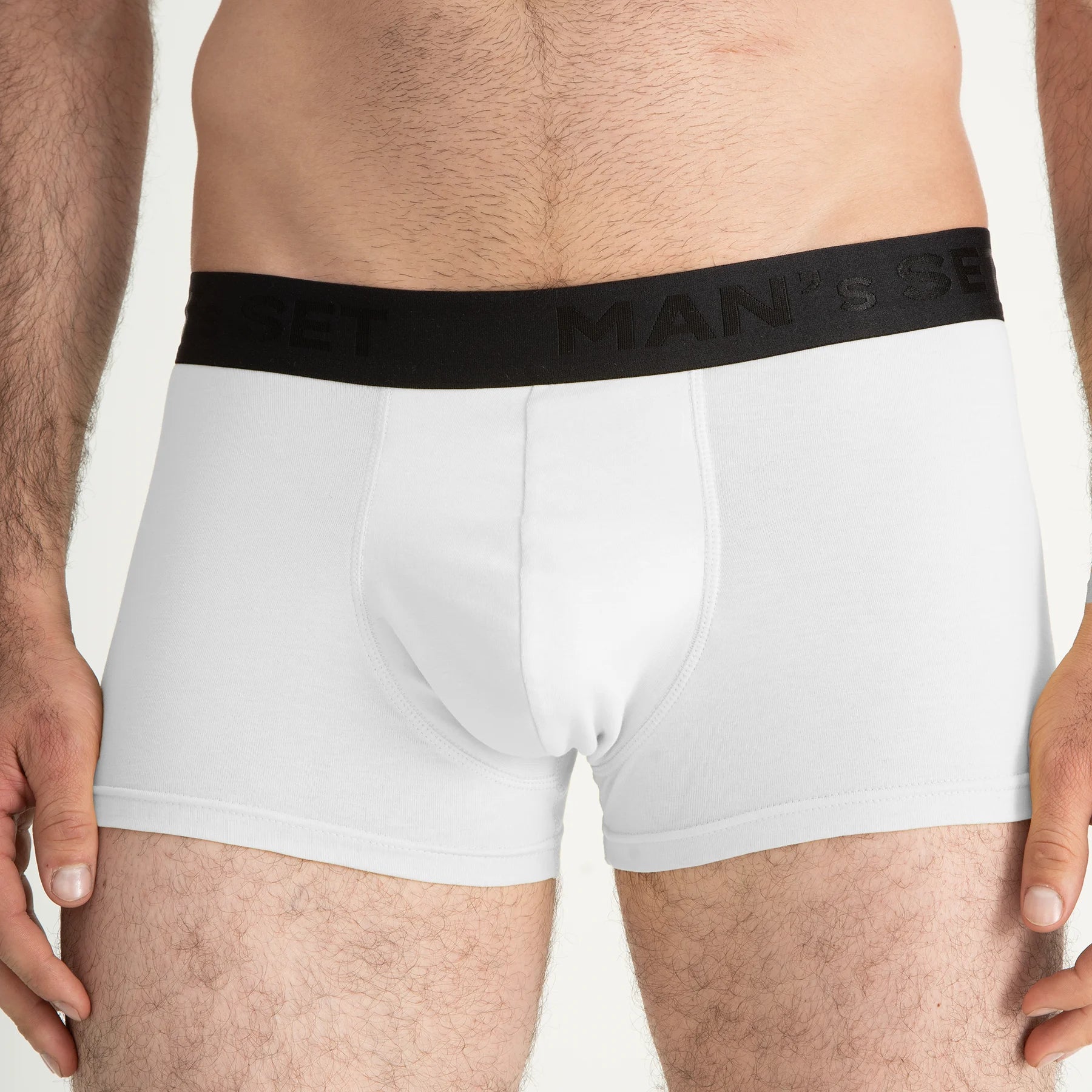 Man’s SET white PowerStretch Trunk 3.9", anatomical men’s underwear with black waistband, close-up front view