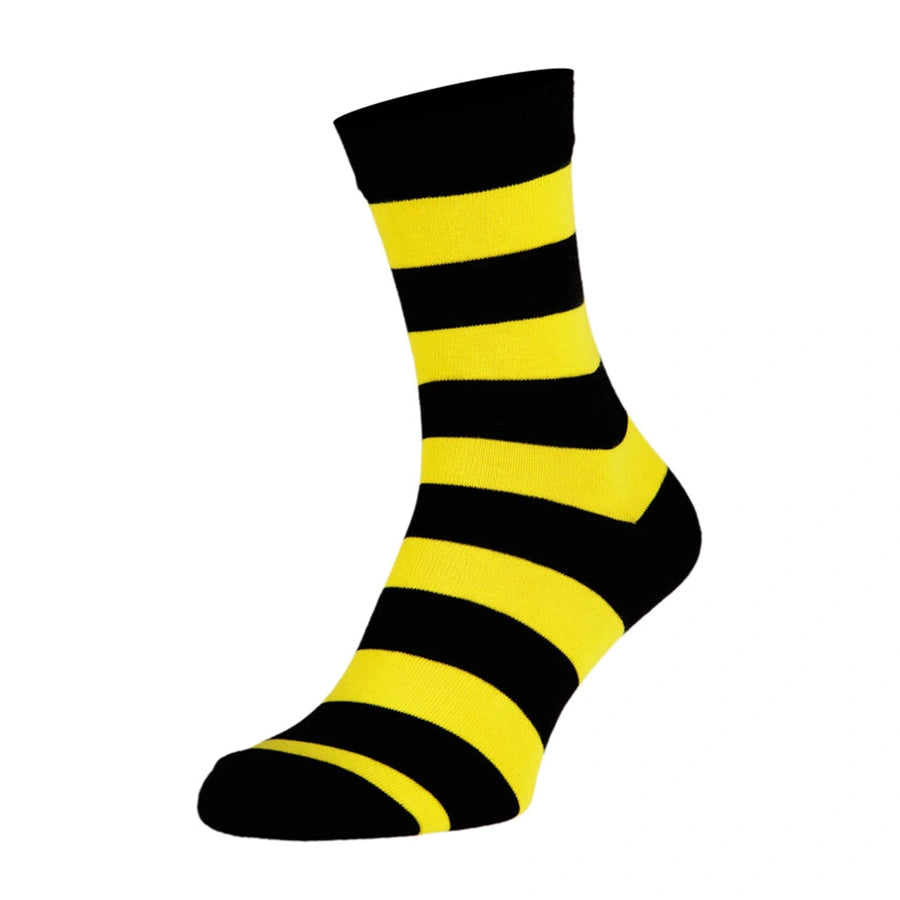 Man’s SET yellow-black striped men’s socks, classic cotton style with bold print pattern, side view