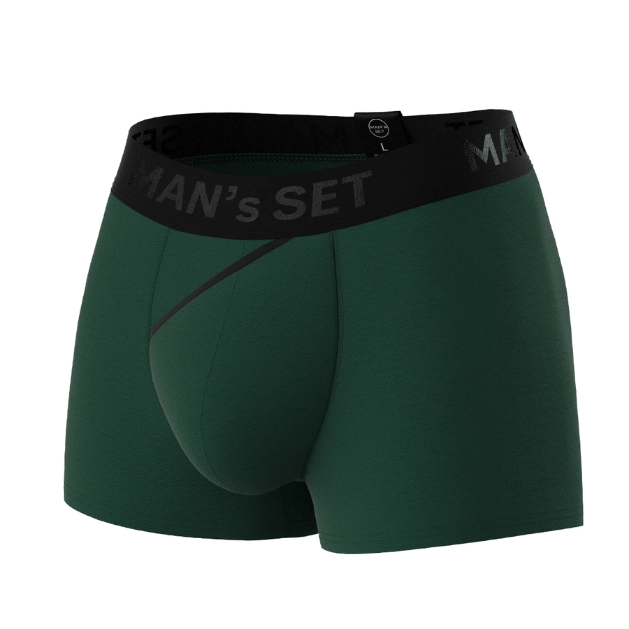 Man’s SET FlexFit Trunk 3.2" in forest green, anatomical men’s underwear with soft contour pouch, front angle view