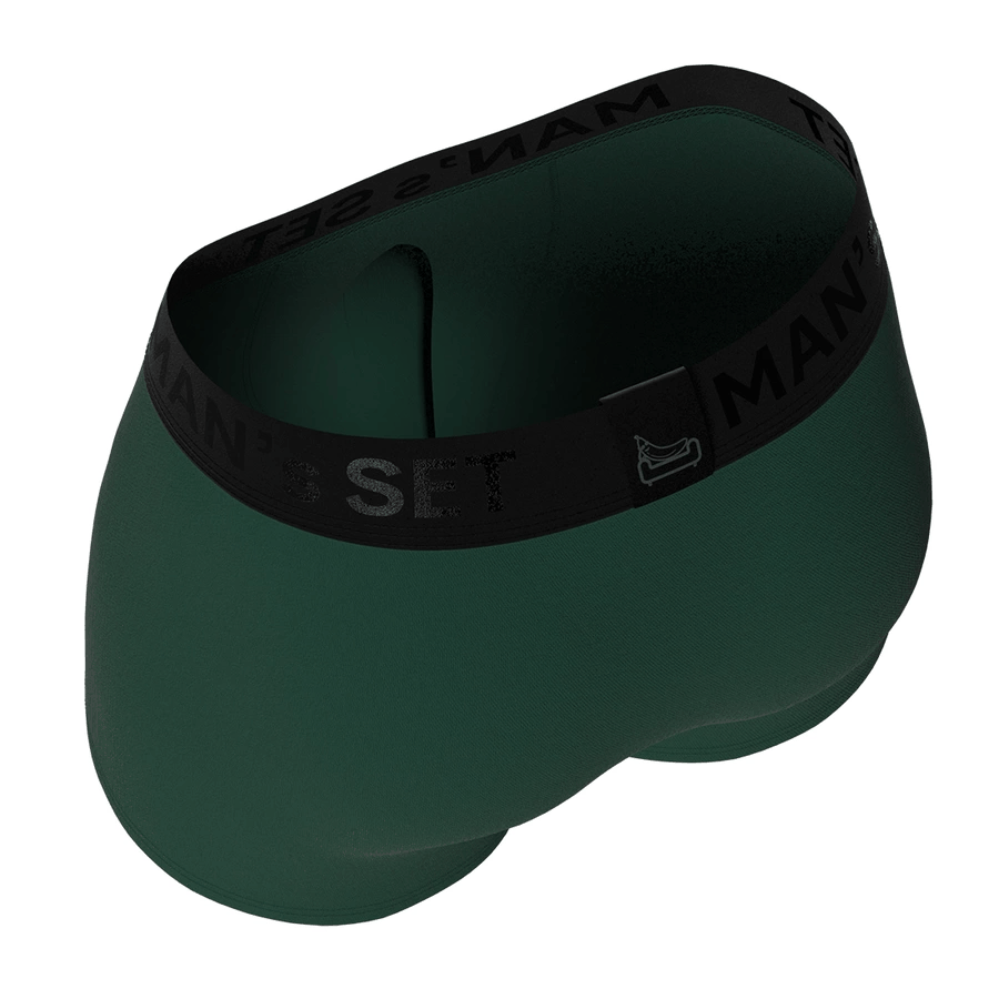 Man’s SET FlexFit trunk in forest green, anatomical men’s underwear with 3.2″ inseam, angled top view