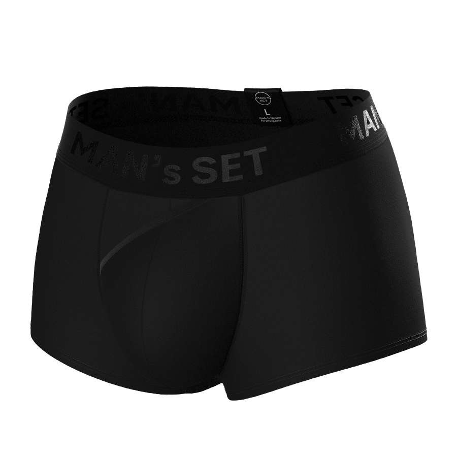 Man’s SET black ProActive men’s trunk with open fly, breathable performance underwear, front view