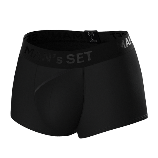 Man’s SET black ProActive men’s trunk with open fly, breathable performance underwear, front view