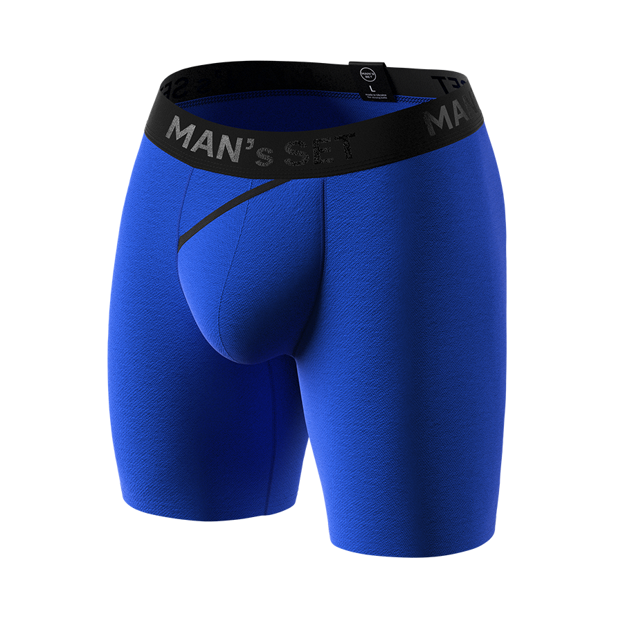 Man’s SET UltraSoft electric blue men’s boxer briefs, anatomical pouch, breathable fabric, front-side view