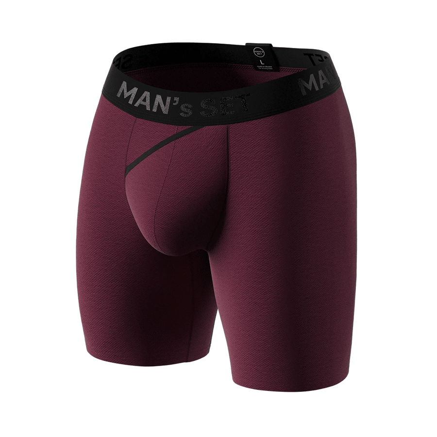 Man’s SET plum UltraSoft boxer briefs, anatomical men’s underwear with open fly, breathable fabric, angled front view