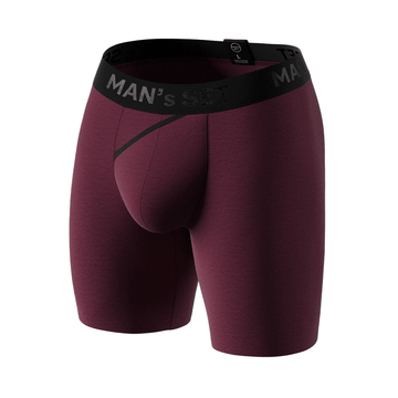 Man’s SET plum UltraSoft boxer briefs, anatomical men’s underwear with open fly, breathable fabric, angled front view