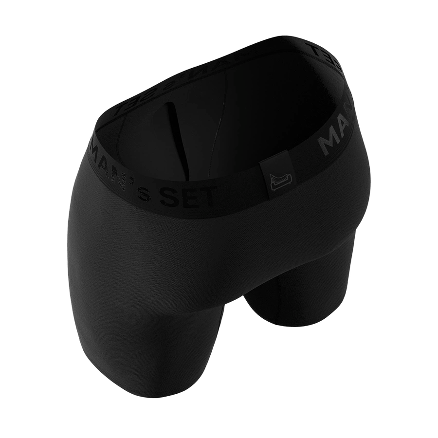Man’s SET UltraSoft black boxer briefs, comfortable men’s underwear with contour fit, angled back view