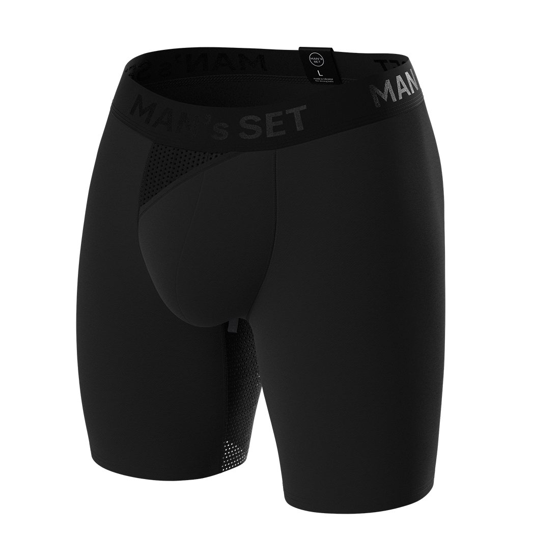 Man’s SET black AirFlow boxer briefs with breathable mesh pouch, anatomical men’s underwear, front view