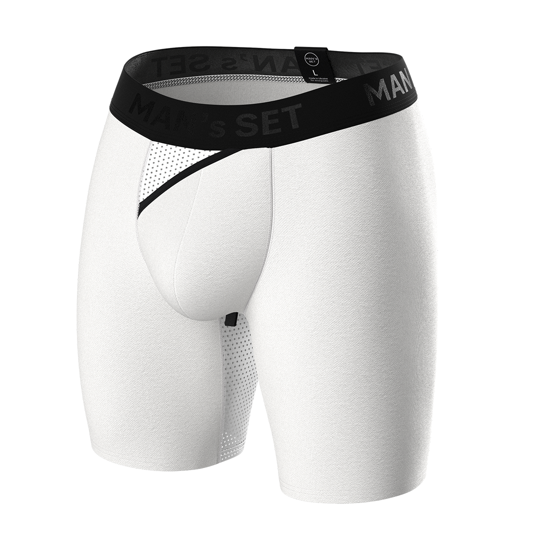 Man’s SET AirFlow boxer briefs in white, breathable anatomical men’s underwear with open fly, angled front view