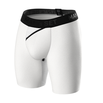 Man’s SET AirFlow boxer briefs in white, breathable anatomical men’s underwear with open fly, angled front view