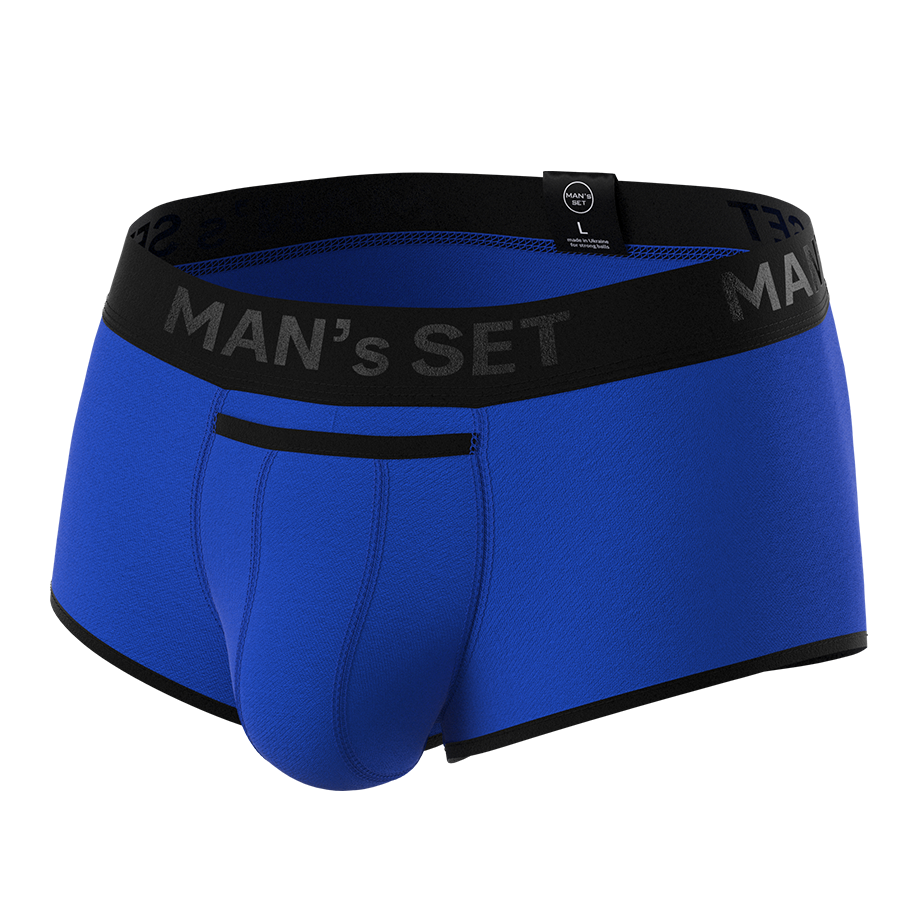 Man’s SET ProActive Stretch Trunk in electric blue with 3.2" OpenFly, anatomical men’s underwear with black trim, front view