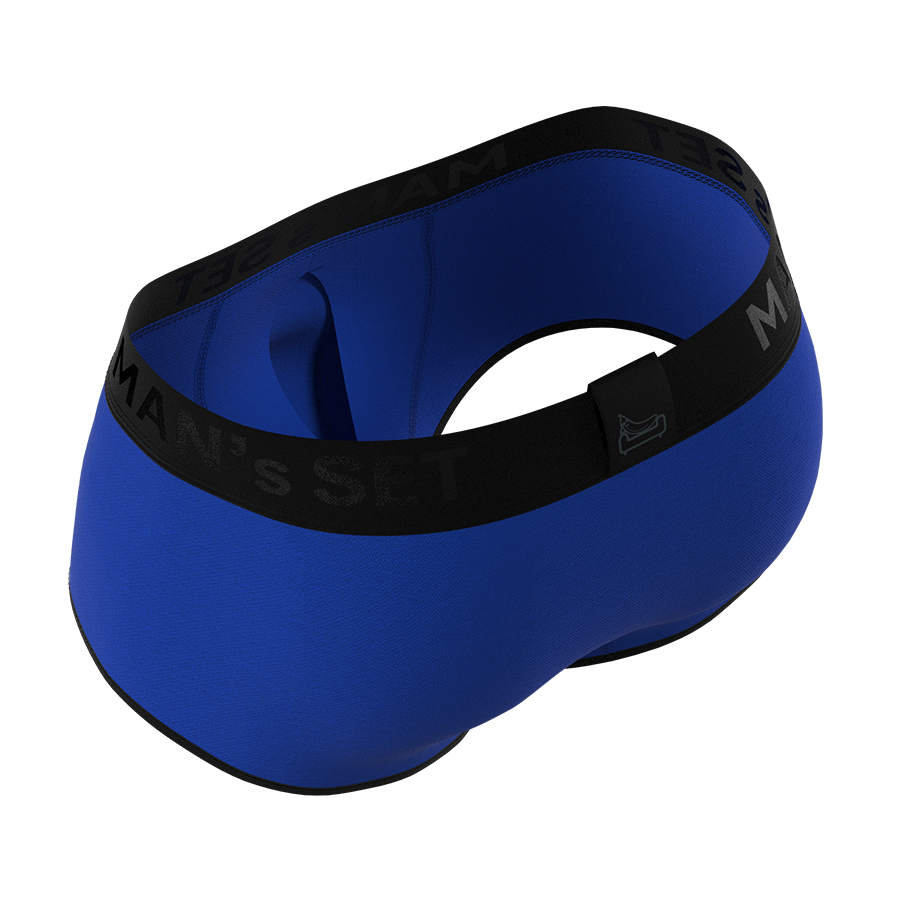 Man’s SET electric blue ProActive Stretch Trunk with 3.2" OpenFly, anatomical men’s underwear, angled back view