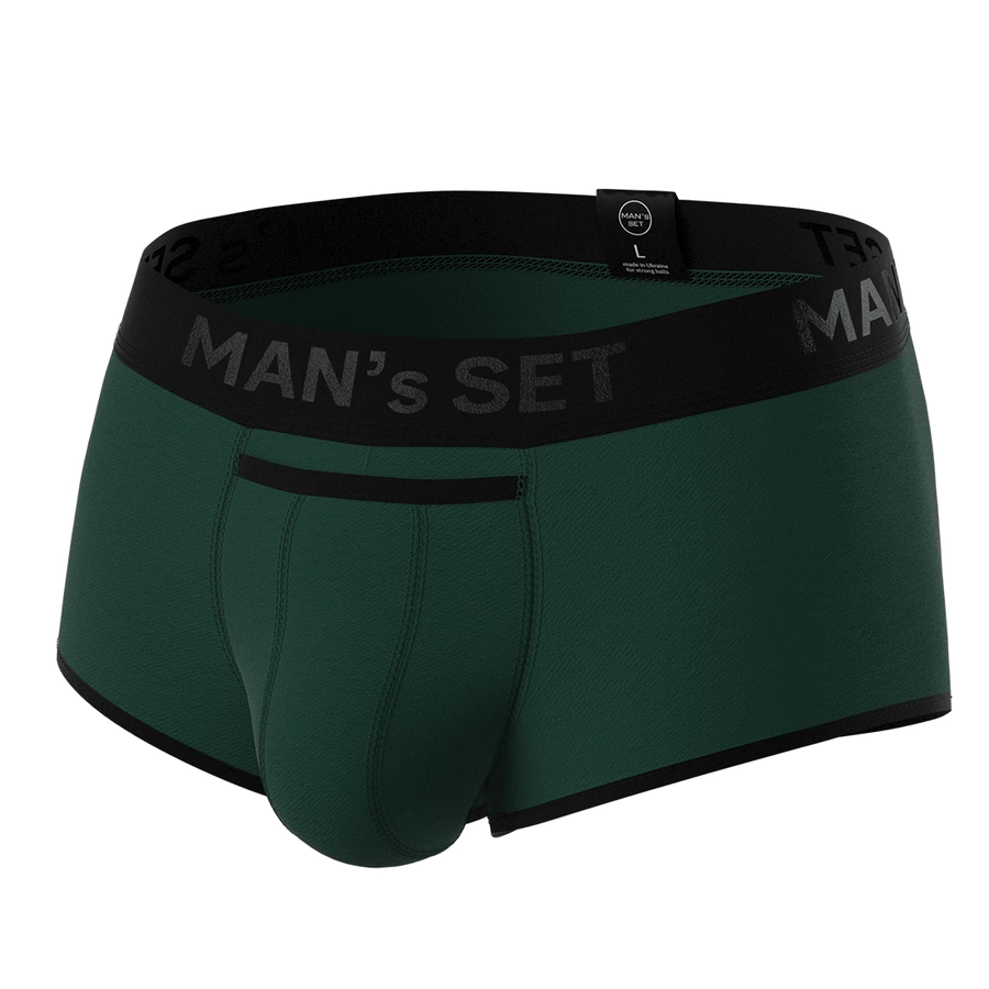 Man’s SET forest green ProActive Stretch Trunk with 3.2" OpenFly, anatomical men’s underwear with contour pouch, front view