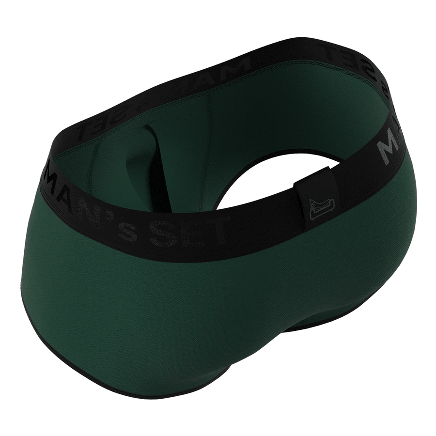 Man’s SET forest green ProActive Stretch Trunk, breathable anatomical men’s underwear with black waistband, back angle view