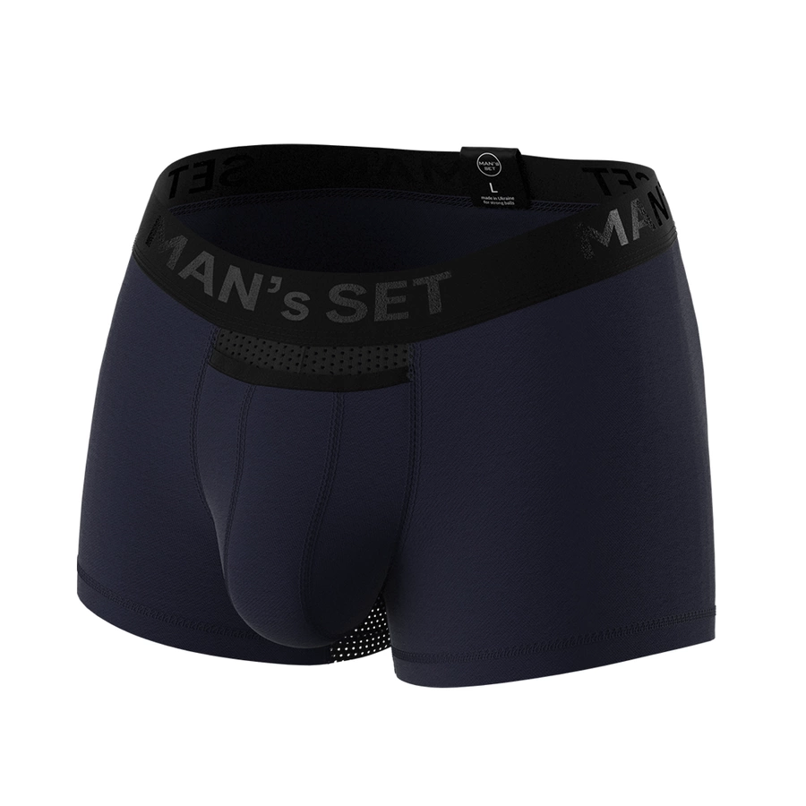 Man’s SET AirFlow Trunk 3.6" OpenFly in navy, breathable anatomical men’s underwear with mesh pouch, front view