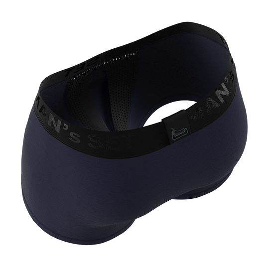 Man’s SET AirFlow men’s underwear in navy with black mesh interior and soft waistband, angled back view