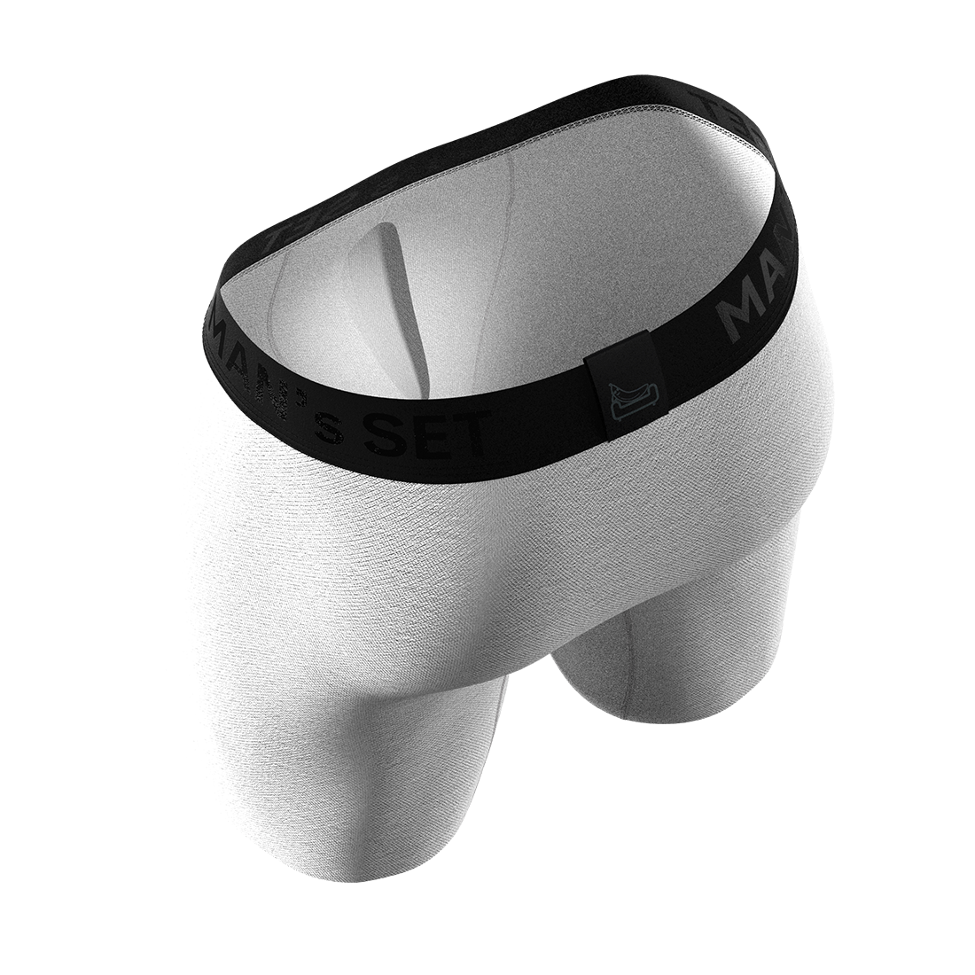 Man’s SET UltraSoft white boxer briefs, anatomical men’s underwear with open fly, angled back view