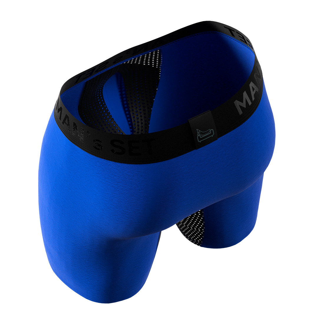 Electric blue AirFlow boxer briefs by Man’s SET, breathable mesh design, anatomical men’s underwear, angled rear view