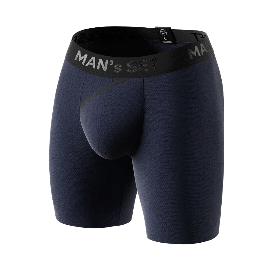 Man’s SET navy UltraSoft boxer briefs with open fly, comfortable men’s underwear, front angled view