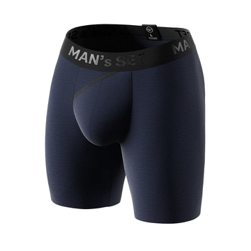 Man’s SET navy UltraSoft boxer briefs with open fly, comfortable men’s underwear, front angled view