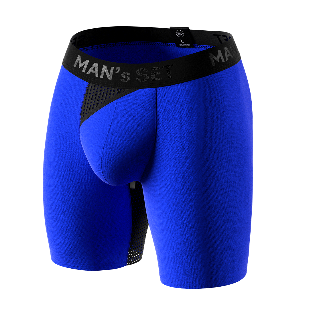 Electric blue men’s boxer briefs by Man’s SET, breathable mesh anatomical underwear, front view