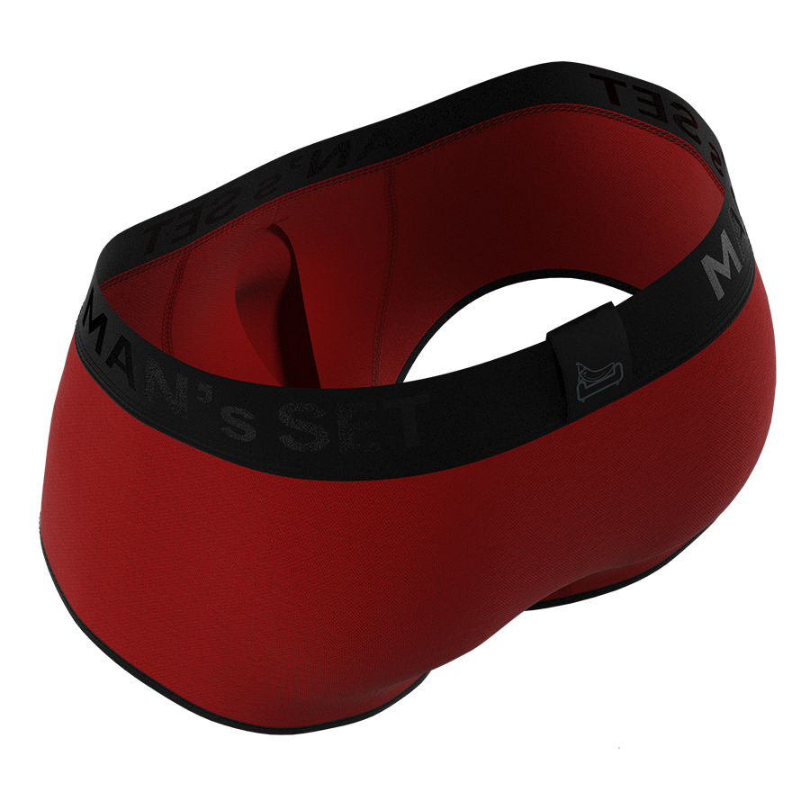 Man’s SET ProActive Stretch Trunk 3.2" OpenFly in red, anatomical men’s underwear with black waistband, angled back view