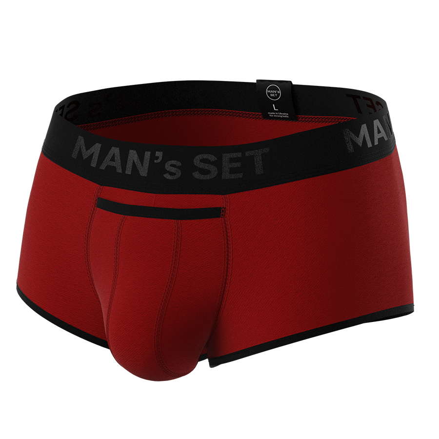 Man’s SET ProActive Stretch Trunk in red, 3.2" OpenFly anatomical men’s underwear with contour pouch, front angle view